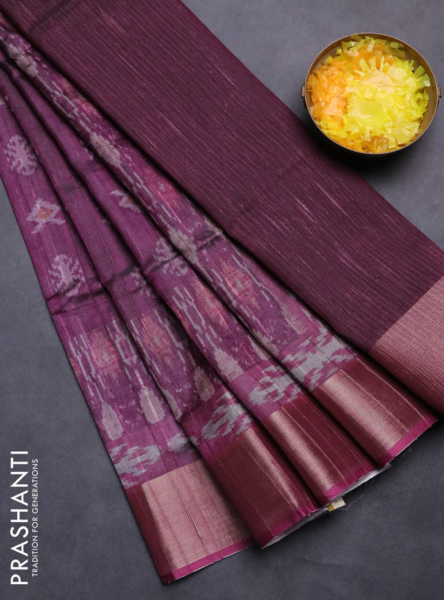 Semi matka saree dark magenat pink with allover ikat prints and zari woven border