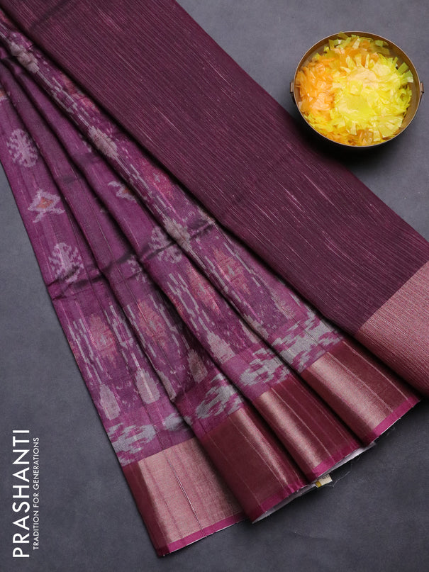 Semi matka saree dark magenat pink with allover ikat prints and zari woven border