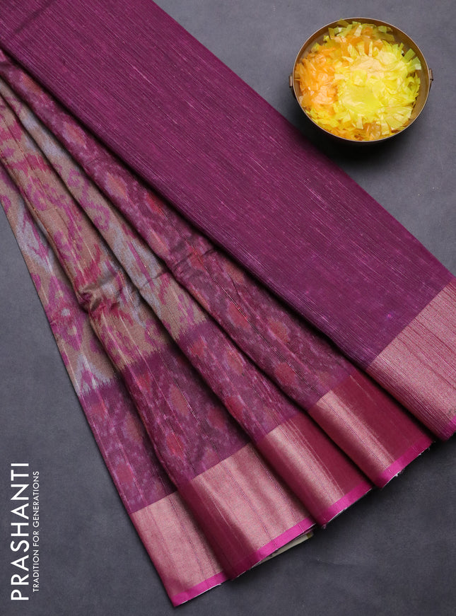 Semi matka saree pastel brown and pink with allover ikat prints and zari woven border
