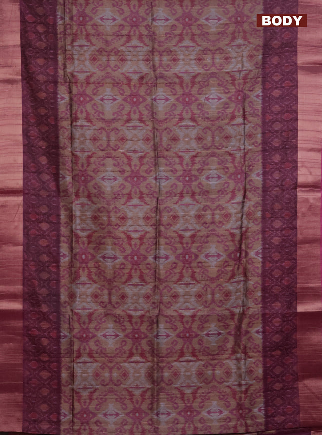 Semi matka saree pastel brown and pink with allover ikat prints and zari woven border