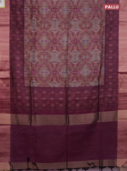 Semi matka saree pastel brown and pink with allover ikat prints and zari woven border