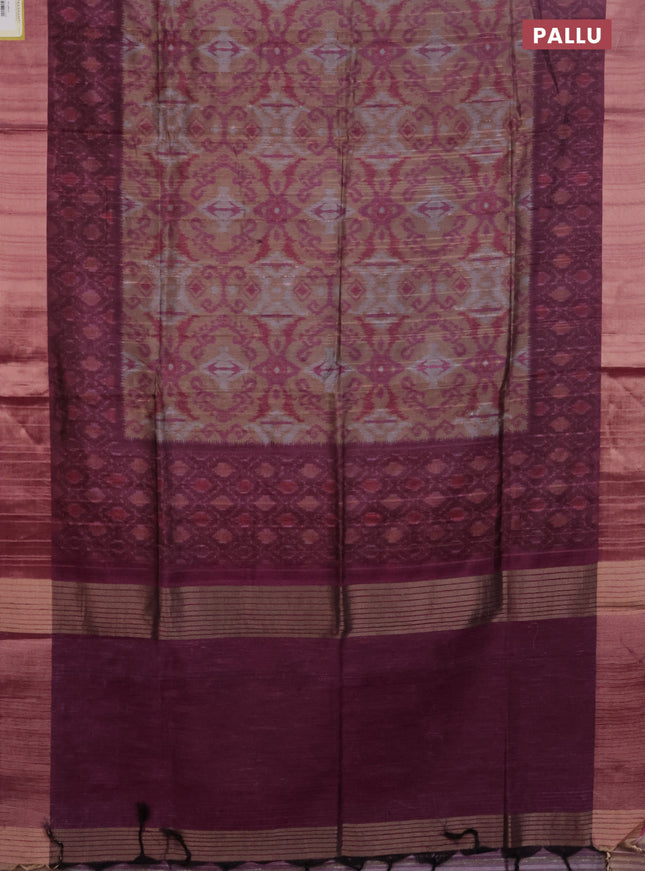 Semi matka saree pastel brown and pink with allover ikat prints and zari woven border