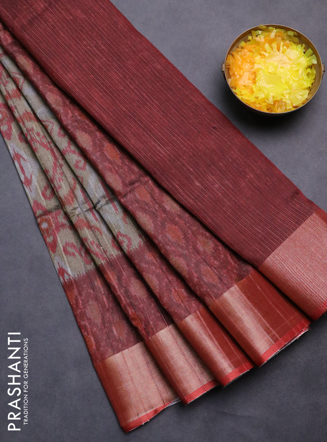 Semi matka saree chikku shade and rust shade with allover ikat prints and zari woven border