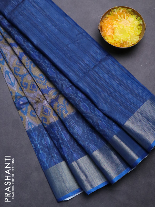 Semi matka saree sandal and blue with allover ikat prints and zari woven border