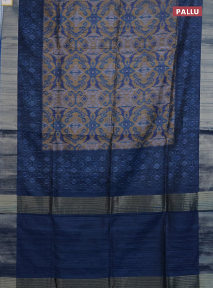 Semi matka saree sandal and blue with allover ikat prints and zari woven border