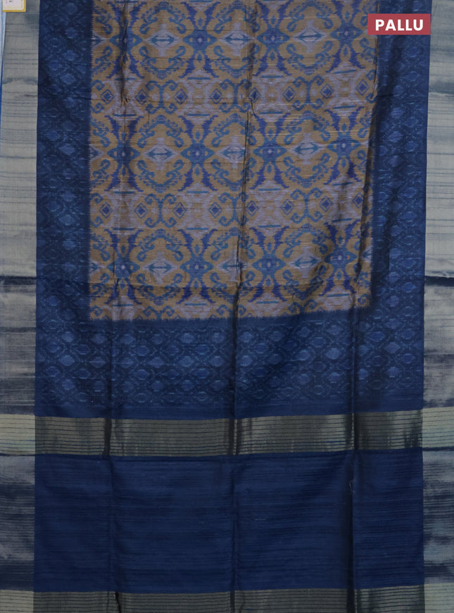 Semi matka saree sandal and blue with allover ikat prints and zari woven border