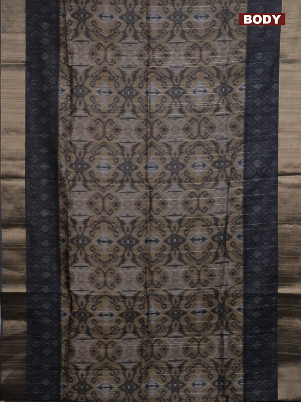 Semi matka saree sandal and grey with allover ikat prints and zari woven border