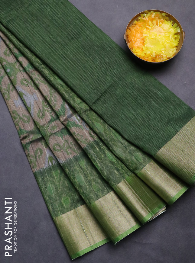 Semi matka saree sandal and green with allover ikat prints and zari woven border