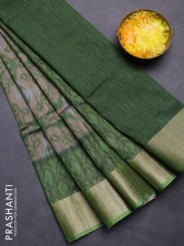Semi matka saree sandal and green with allover ikat prints and zari woven border
