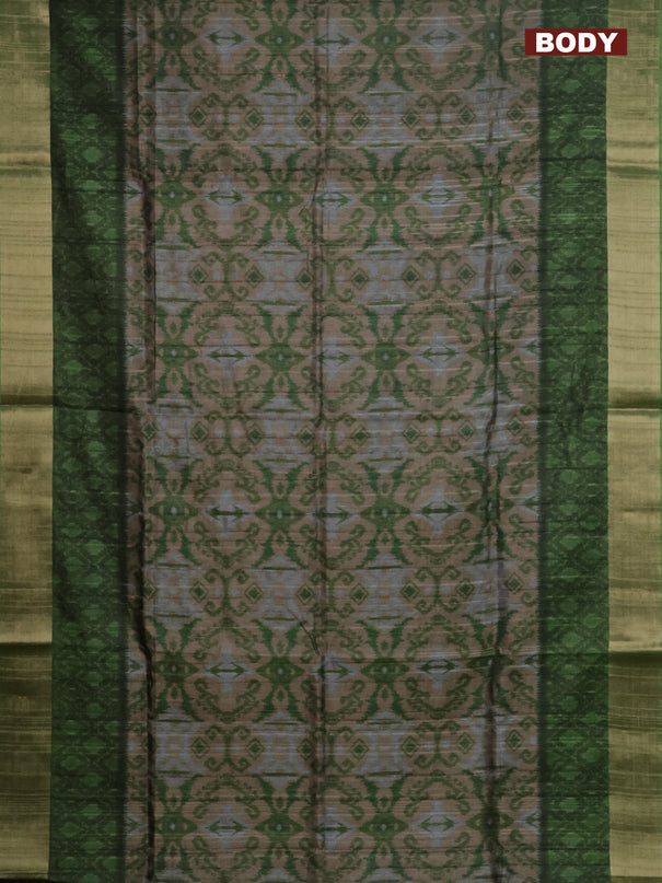 Semi matka saree sandal and green with allover ikat prints and zari woven border
