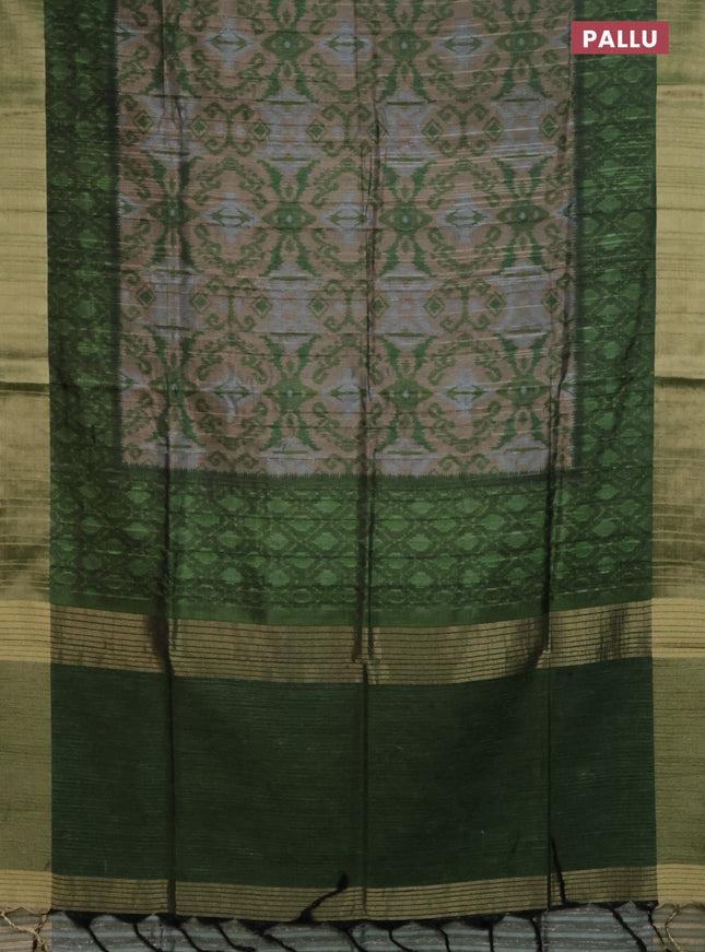 Semi matka saree sandal and green with allover ikat prints and zari woven border