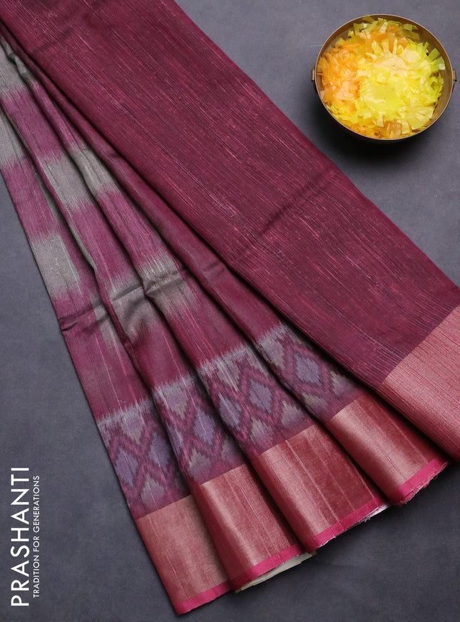 Semi matka saree grey shade and pink with allover ikat prints and zari woven border