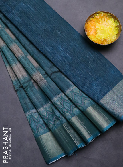 Semi matka saree grey and peacock green with allover ikat prints and zari woven border