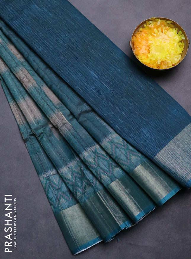 Semi matka saree grey and peacock green with allover ikat prints and zari woven border