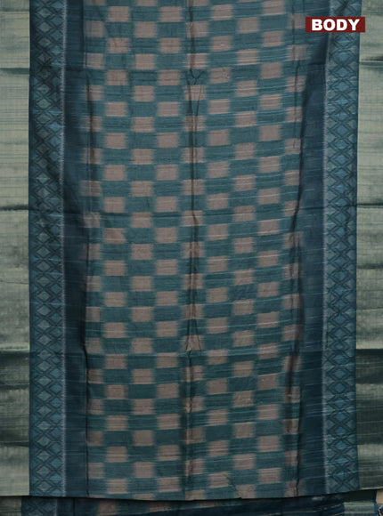 Semi matka saree grey and peacock green with allover ikat prints and zari woven border