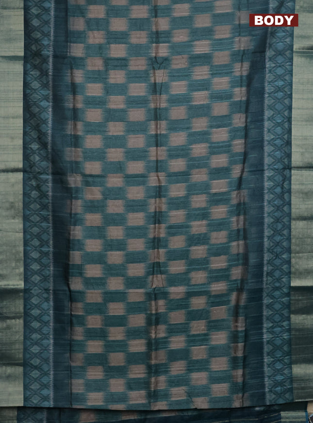 Semi matka saree grey and peacock green with allover ikat prints and zari woven border