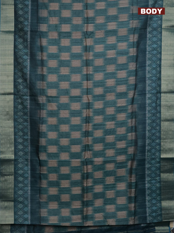 Semi matka saree grey and peacock green with allover ikat prints and zari woven border