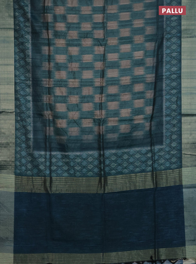 Semi matka saree grey and peacock green with allover ikat prints and zari woven border