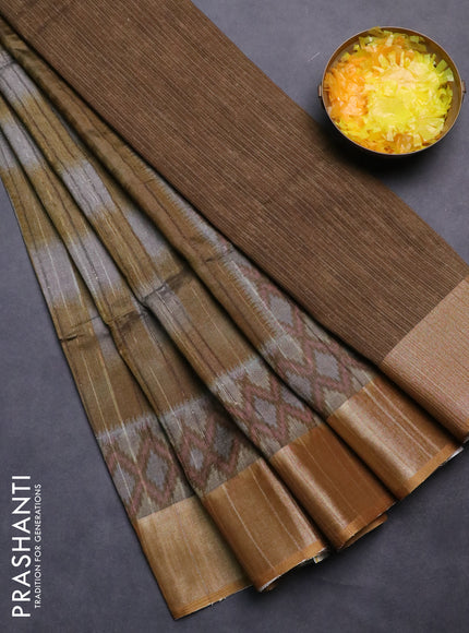 Semi matka saree grey and mustard yellow with allover ikat prints and zari woven border