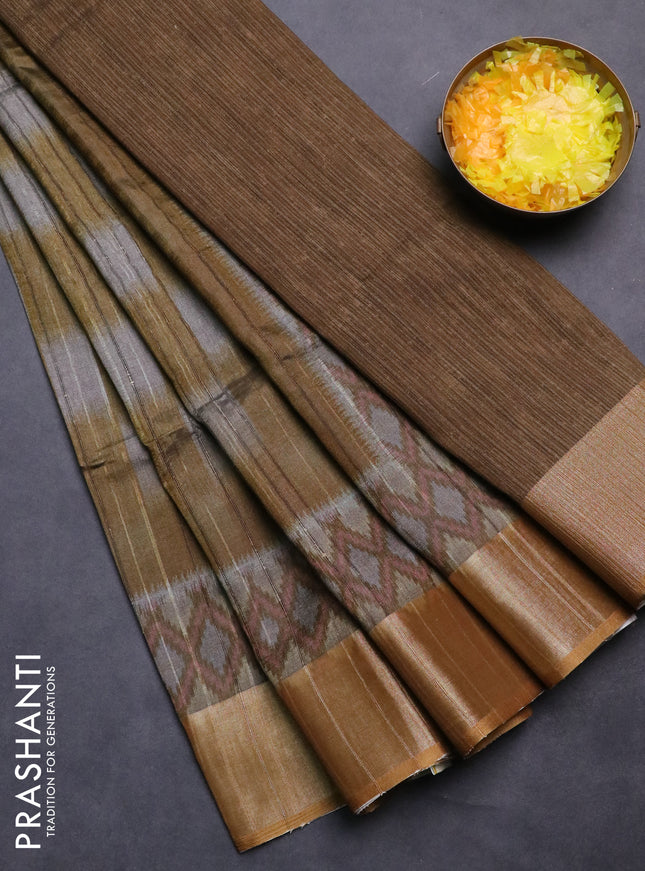 Semi matka saree grey and mustard yellow with allover ikat prints and zari woven border