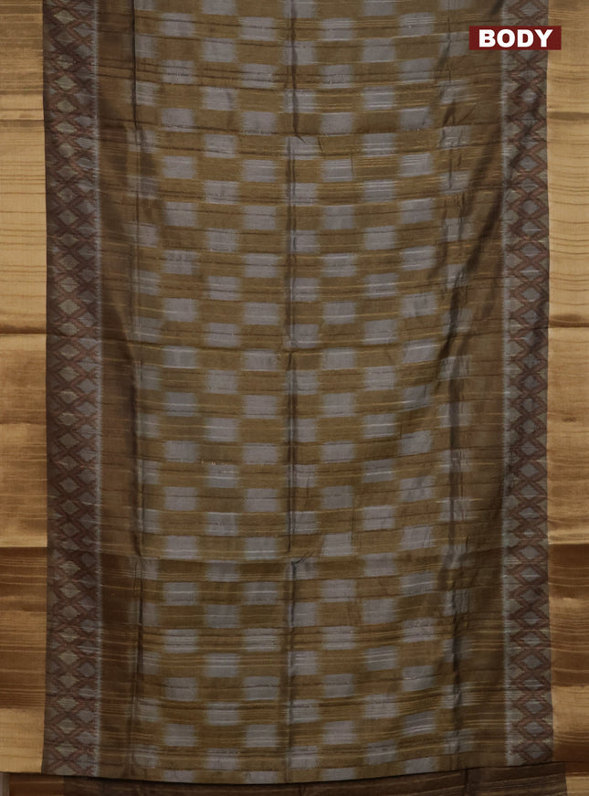 Semi matka saree grey and mustard yellow with allover ikat prints and zari woven border