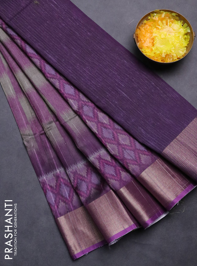 Semi matka saree grey and purple with allover ikat prints and zari woven border