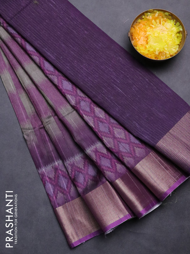 Semi matka saree grey and purple with allover ikat prints and zari woven border