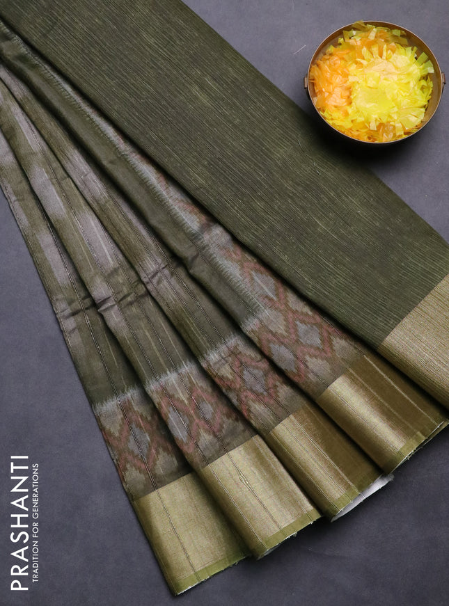 Semi matka saree grey and sap green with allover ikat prints and zari woven border