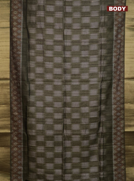 Semi matka saree grey and sap green with allover ikat prints and zari woven border