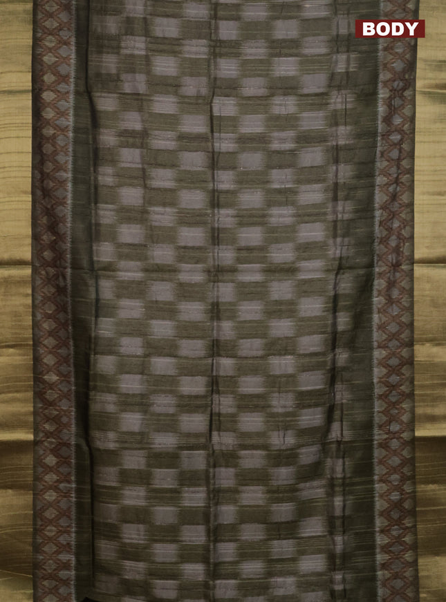 Semi matka saree grey and sap green with allover ikat prints and zari woven border