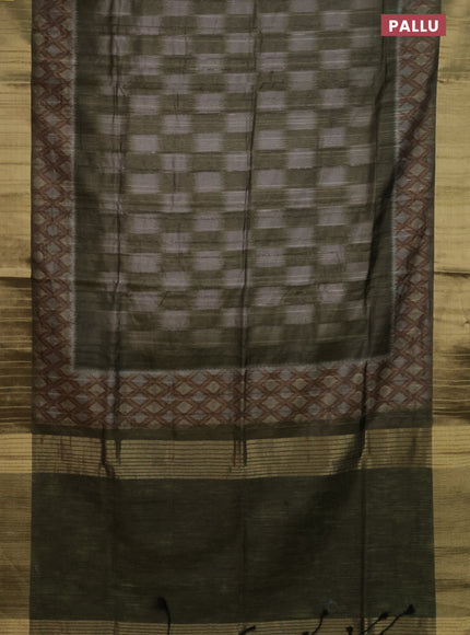 Semi matka saree grey and sap green with allover ikat prints and zari woven border