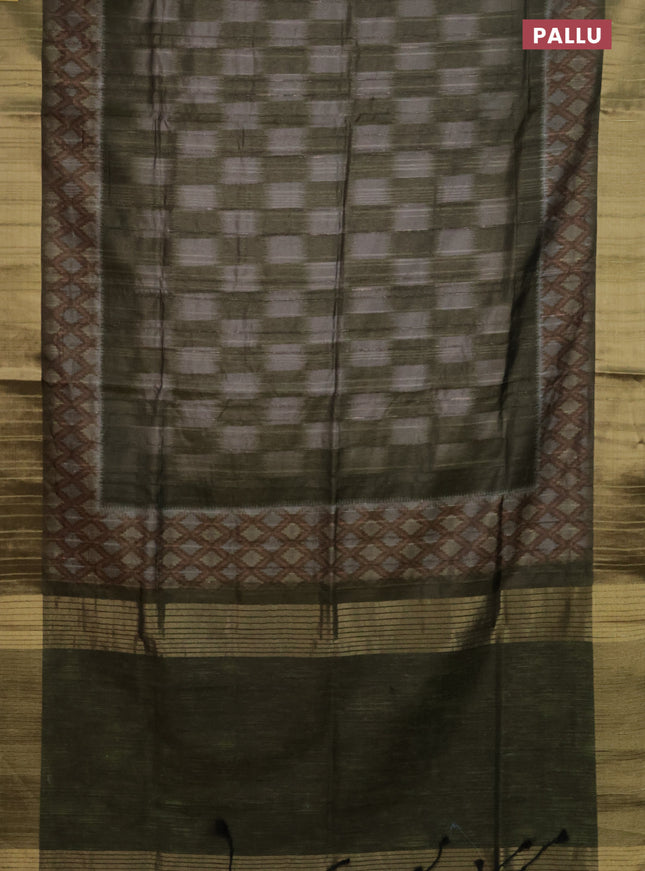 Semi matka saree grey and sap green with allover ikat prints and zari woven border