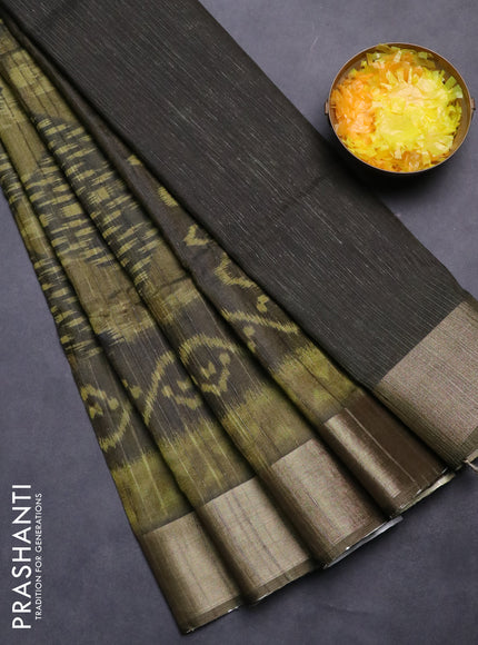 Semi matka saree mehendi green with allover ikat prints and zari woven border