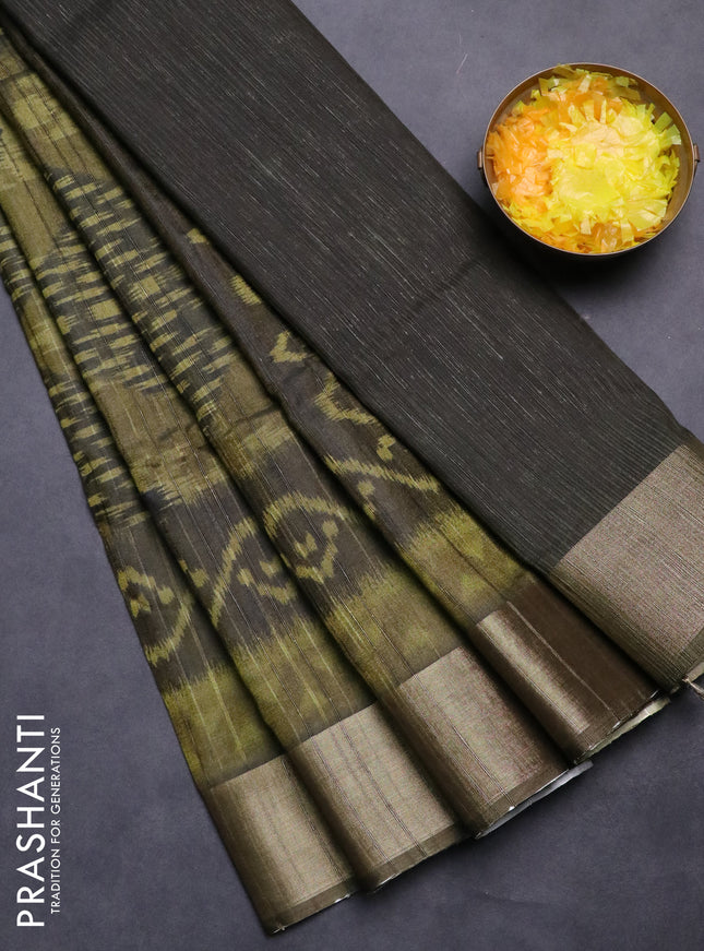 Semi matka saree mehendi green with allover ikat prints and zari woven border