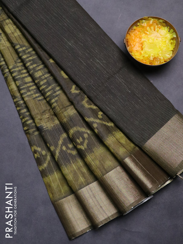 Semi matka saree mehendi green with allover ikat prints and zari woven border
