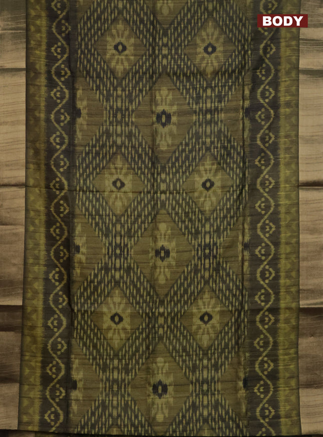 Semi matka saree mehendi green with allover ikat prints and zari woven border