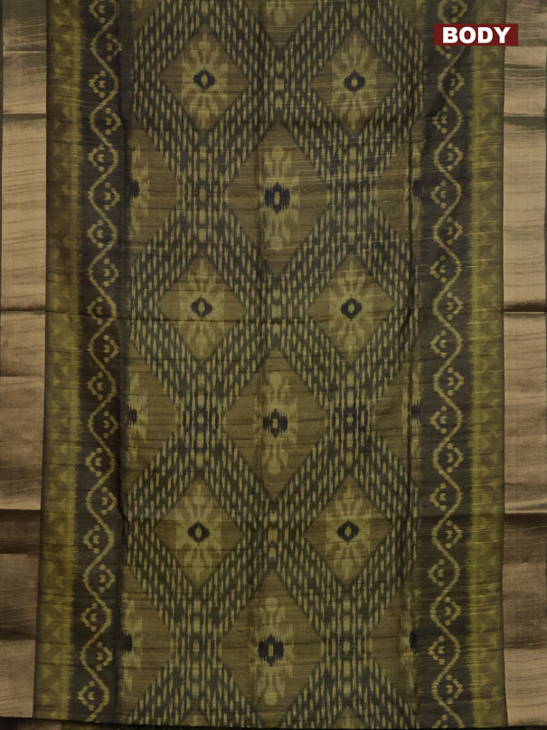 Semi matka saree mehendi green with allover ikat prints and zari woven border