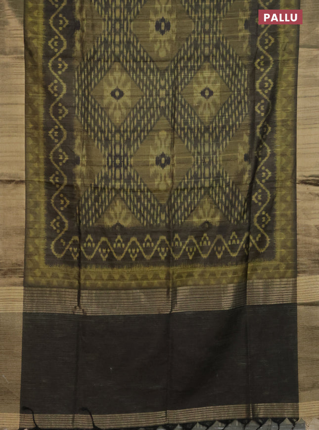 Semi matka saree mehendi green with allover ikat prints and zari woven border