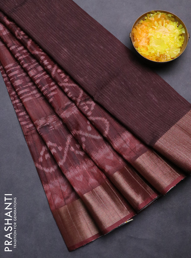 Semi matka saree deep maroon with allover ikat prints and zari woven border