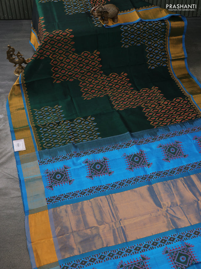 Silk cotton block printed saree bottle green and cs blue with butta prints and zari woven border