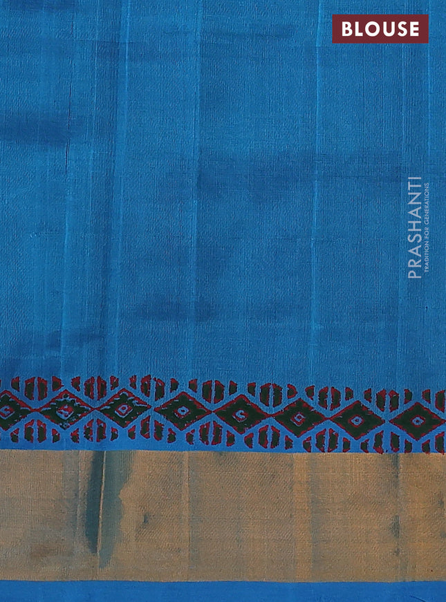 Silk cotton block printed saree bottle green and cs blue with butta prints and zari woven border