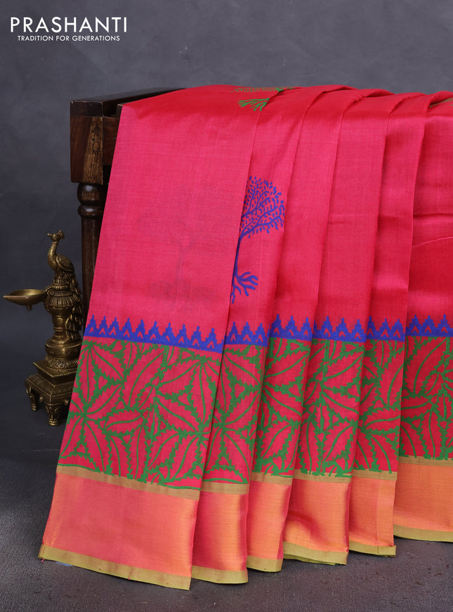 Silk cotton block printed saree pink and light green with butta prints and long zari woven border