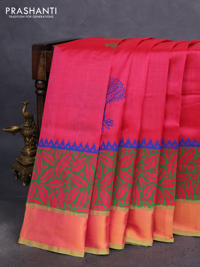 Silk cotton block printed saree pink and light green with butta prints and long zari woven border