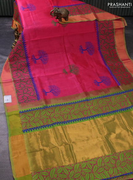 Silk cotton block printed saree pink and light green with butta prints and long zari woven border