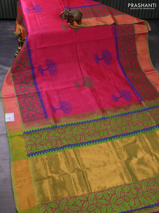 Silk cotton block printed saree pink and light green with butta prints and long zari woven border