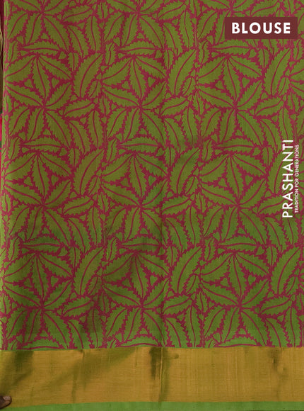 Silk cotton block printed saree pink and light green with butta prints and long zari woven border