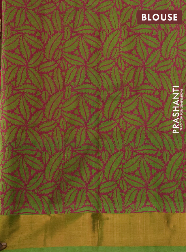 Silk cotton block printed saree pink and light green with butta prints and long zari woven border