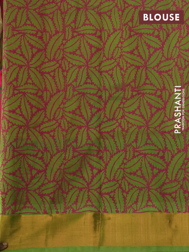 Silk cotton block printed saree pink and light green with butta prints and long zari woven border