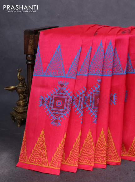 Silk cotton block printed saree pink with geometric butta prints and printed border