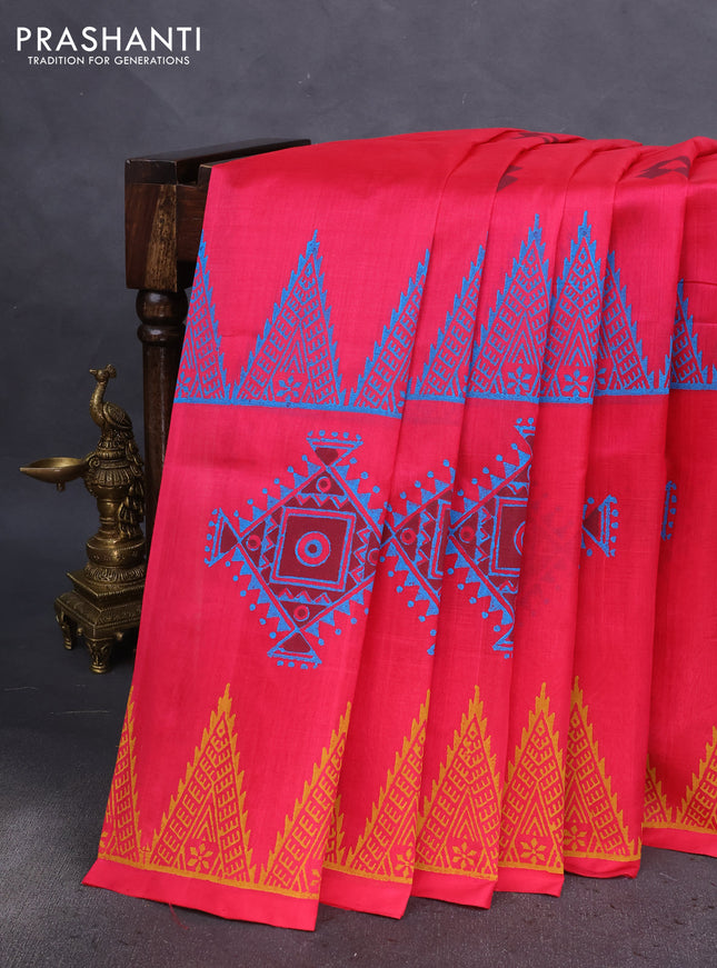 Silk cotton block printed saree pink with geometric butta prints and printed border